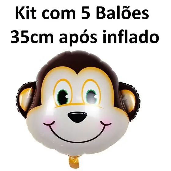 Kit com 5 Balão Macaco Metalizado 35cm Após Inflado Balões Animais Fazendinha Bichos Bichinhos