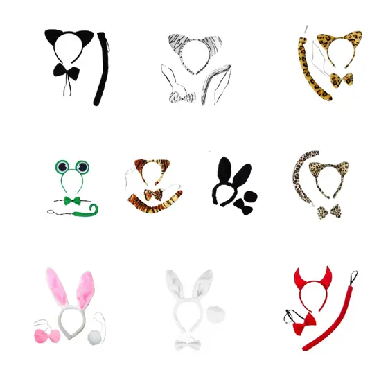 Kit C/3 Fantasia Animal Tiara + Rabo + Gravata Festa Carnaval