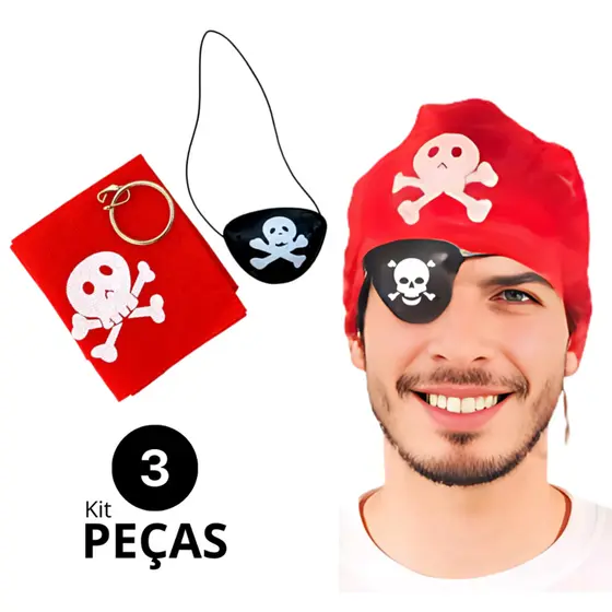 Kit Pirata 3 peças (Bandana + Tapa Olho + Brinco)
