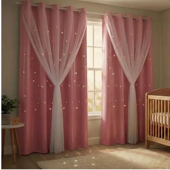 Cortina Corta Luz Pvc Blackout Rosa Estrelinhas C/ Voil 2,80x2,30