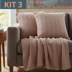 Kit Peseira Tricot Sofá Manta + 2 Capas de Almofadas Tricot Luxo 100% Algodão Cama Casal