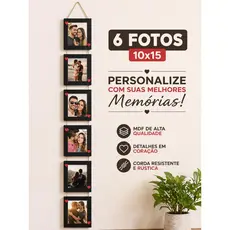 Porta Retrato Suspenso 3 a 6 Fotos 10x15 MDF Decorativo com Corações