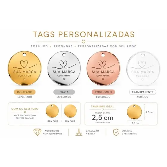 tag personalizado 25mm acrilico dourado