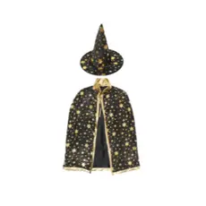 Kit Capa e Chapéu Mago Bruxo Infantil 70cm Estrelas - Fantasia Cosplay Halloween