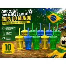 KIT 10 COPOS TWISTER CRISTAL 300ML COM TAMPA E CANUDO - EDIÇÃO TORCIDA COPA DO MUNDO BRASIL 🇧🇷