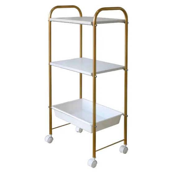Carrinho Mesa Auxiliar Estética 2 tampos e 1 Bandeja Estética Dourado