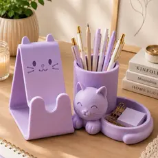 Kit Organizador Gatinho Porta Canetas + Suporte Celular Decorativo Premium