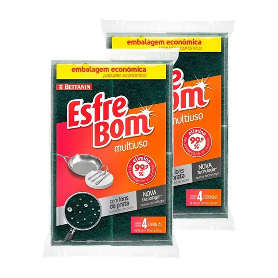 Kit 2x Esponja Dupla Ação Bettanin Esfrebom Kit 8 Unidades Uso Geral Cozinha