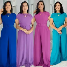 Macacão Pantalona Feminino P/M/G/GG/XG. Macacão longo pantalona C/ Cinto / Macacão Estampado com Mangas/ Macacão Moda Evangélica