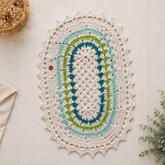 Tapete de crochê Oval 58x40cm Tapete multiuso artesanal ,tapete para banheiro, cozinha, quarto, e entrada.
