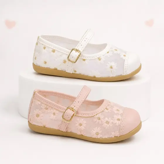 Sapatilha Infantil Menina Mary Jane Floral Fivela Confortável Festa Batizado Daminha 99231 Pequito
