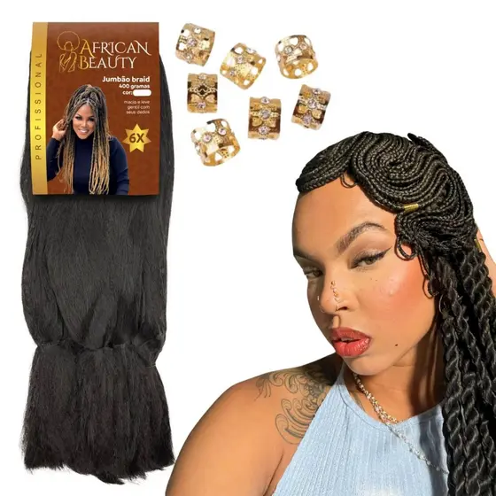 Cabelo Jumbo 400g para Tranças Box Braids Twist Crochet 126cm Fibra Sintética  Crespo 6 Peças African Beauty