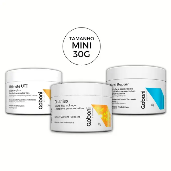 Kit Cronograma Capilar Mini Gaboni 3 Máscaras 30g - Hidratação Nutrição Reconstrução