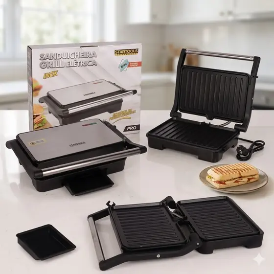 Grill Sanduicheira Eletrica Inox 1000W Compacta Rápida Eficiente 127V