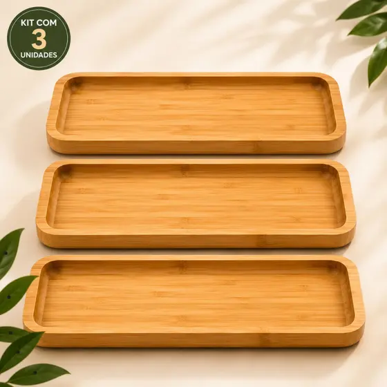 Kit 3 Bandejas De Bambu Retangular Petisqueira Servir Frios Queijos E Petiscos