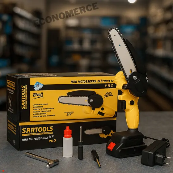 Mini Motosserra Elétrica Portátil Recarregável Moto Serra Poda Potente Segura Jardim Bivolt Cortador