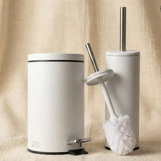 Kit Banheiro Minimalista Lixeira 5L com Pedal + Escova Sanitária com Suporte Branco Fosco
