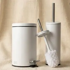 Kit Banheiro Minimalista Lixeira 5L com Pedal + Escova Sanitária com Suporte Branco Fosco