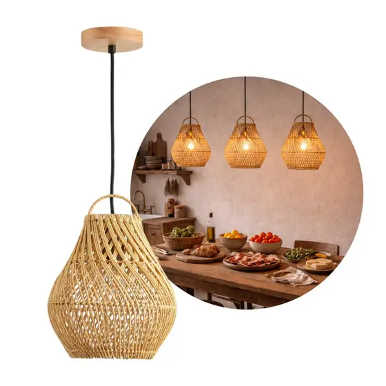 Pendente Rústico Rattan Madeira 20cm E27 Cabo 3m Lustre Ôtaki Decorativo ST3289