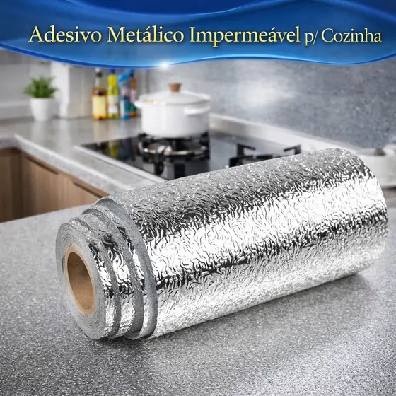 Adesivo Alumínio Metálico Impermeável Armário Gaveta Proteção Fogão Parede Multiuso 40cm x 2m