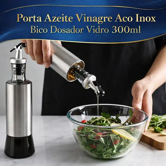 Porta Azeite Vinagre Galheteiro Aço Inox Vidro 300ml com Bico Dosador 1 2 ou 3 Unidades