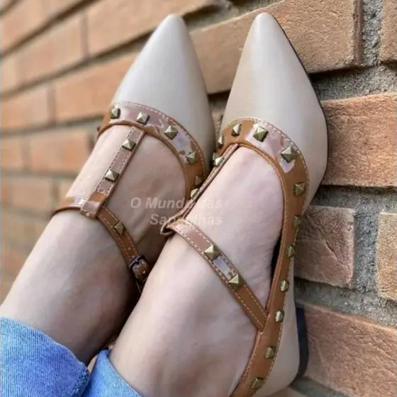 Sapatilha Feminina, Bico Fino, Confortável, Estilosa, Com Spike, Detalhes, Elegante, Sapatilha Nude