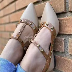 Sapatilha Feminina, Bico Fino, Confortável, Estilosa, Com Spike, Detalhes, Elegante, Sapatilha Nude