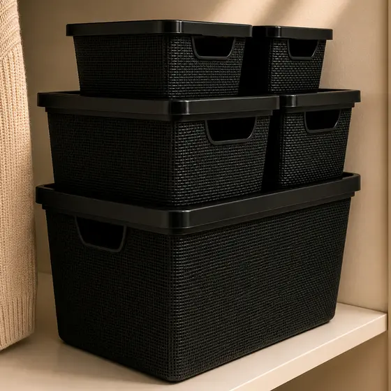Kit Até 5 Caixas Organizadoras com Tampa Cesto Grande Plástico Resistente Multiuso Preto  2L 6L 16L Banheiro Gaveta Sala