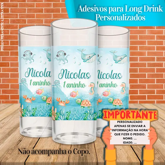 Adesivos Personalizados para Copo Long Drink Fundo do Mar