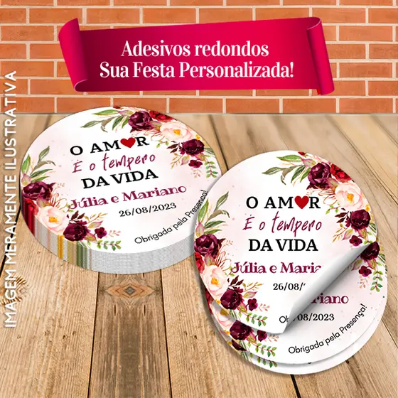 Rótulos Adesivos Redondos  Personalizados "O amor é o tempero da vida" Marsala