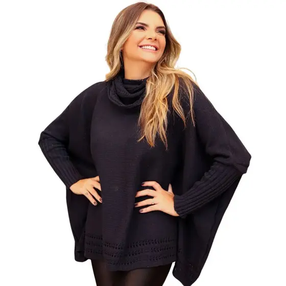 Poncho Feminino Tricô Gola Alta Blusa Casaco Tricot Inverno Lã Liso