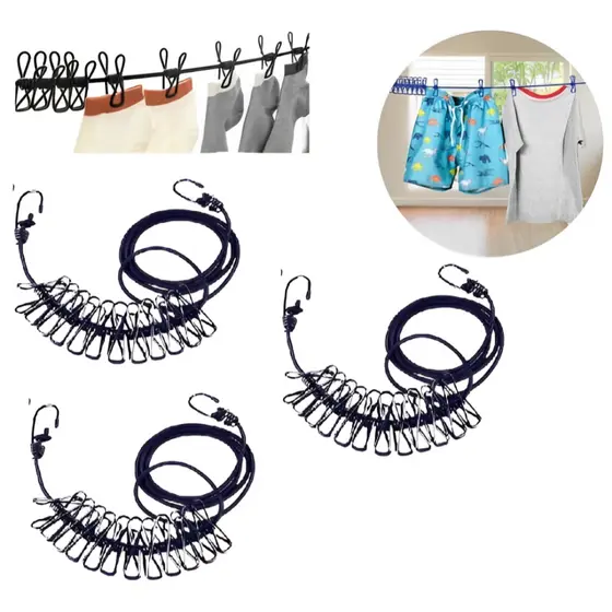 Kit 3 Varal Elástico Retrátil Com 12 Grampos Secagem De Roupa Multifuncional
