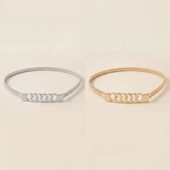 Kit 2 Cinto Fino Metal Elástico Feminino Fivela Alongada Básico Elegante