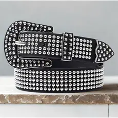 Cinto Feminino Couro PU com Tachas Prata Estilo Western Country Fashion