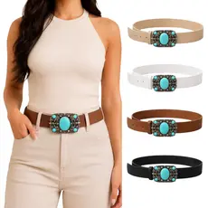 Cinto Largo Feminino em Couro PU com Fivela Prateada e Pedra Turquesa Estilo Boho Chic Country
