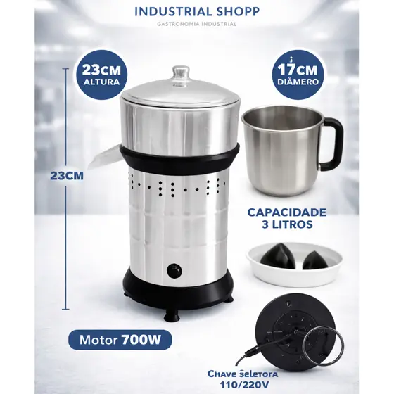espremedor industrial de frutas sucos 700w com jarra de brinde 3 litros alta rotaçao inox