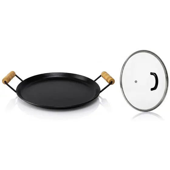 DISCO DE ARADO PAELLA ALÇA DE MADEIRA COM TAMPA DE VIDRO 40cm