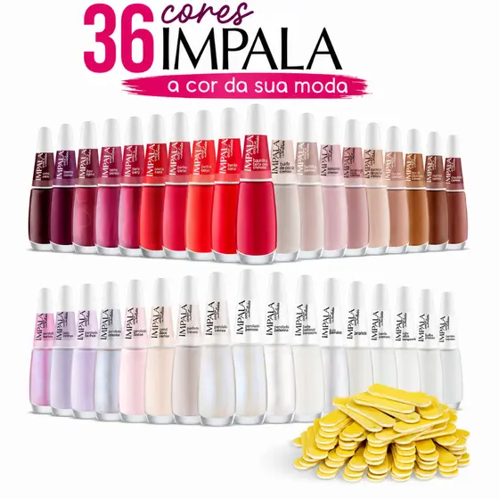 Kit Esmaltes Impala 36 Cores sortidas + 50 Lixa para unhas mini canário / Kit manicure atacado