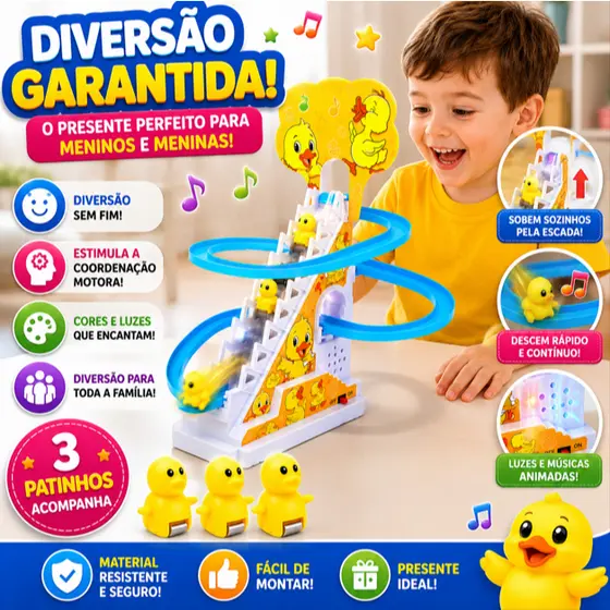 Brinquedo Pista de Patinho Musical Som e Led Com Escorregador Infantil Pato Escada Tobogã