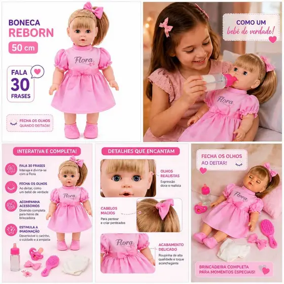 Boneca Reborn Grande 50 cm Bebe Fala Frases Olhos Moveis Acessórios Fralda Mamadeira Chupeta Sapatos