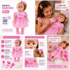 Boneca Reborn Grande 50 cm Bebe Fala Frases Olhos Moveis Acessórios Fralda Mamadeira Chupeta Sapatos