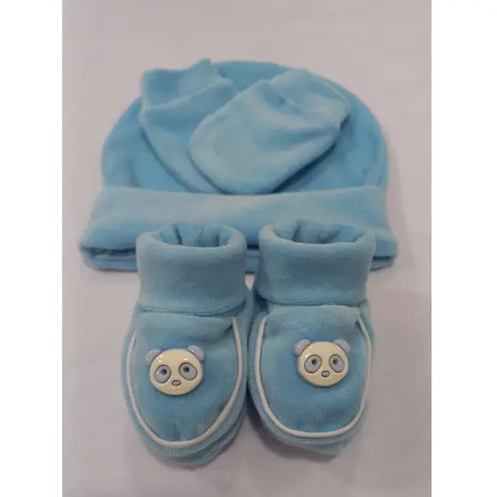 Kit 3 peças Plush quentinho para bebê. Pantufa+luva+touca com aplique 3D. Algodão menino e menina.