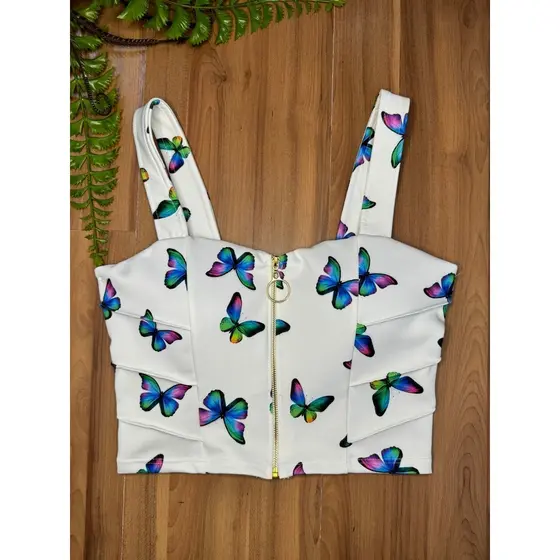 Cropped Feminino Suplex Top Zipper Estampado em Borboleta Com Bojo Fashion Strella Modas Moda