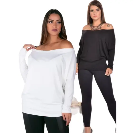 KIT 2 Blusas Feminina Malha Viscolycra Decote Canoa Manga Longa Morcego Ampla Confortável Dia a Dia Moda