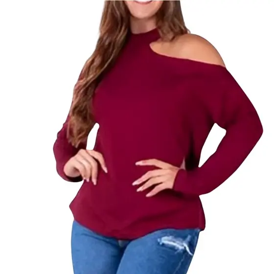 Blusa Feminina Gola Choker Ombro Aberto Manga Longa em Malha  Estilosa Dia a Dia Elegante Moda