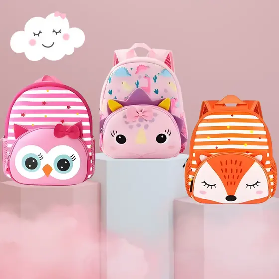 Mochila Infantil Escolar Unissex Bichinhos Leão Unicornio Sereia Elefante Dinossauro Sereia Azul Rosa Raposa Coruja