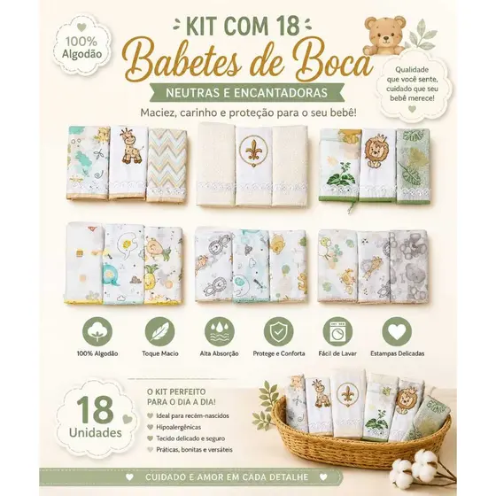 KIT COM 18 FRALDINHAS DE BOCA PARA BEBÊ - babetes/paninho de boca