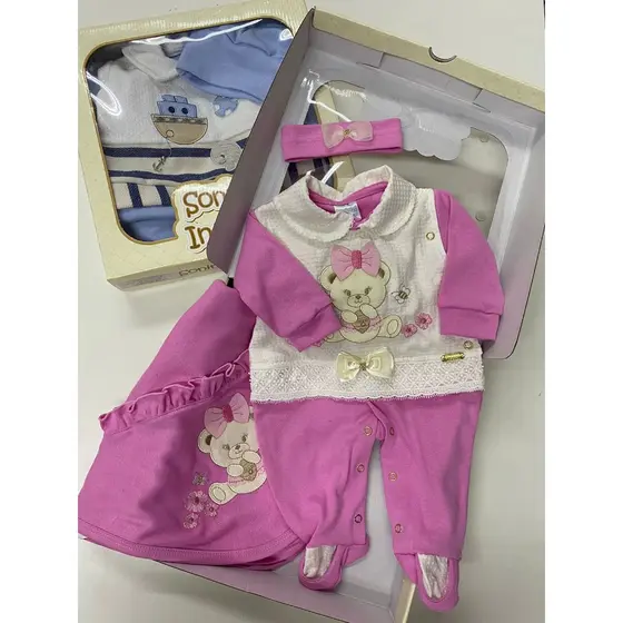 Saída de Maternidade com 3 peças (macacão + manta + touca ou faixa) em suedine - NA CAIXA - SONINHO