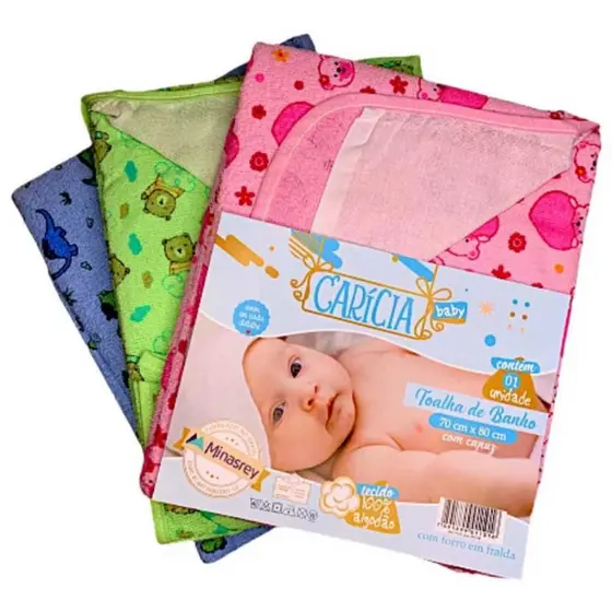 Toalha de Banho para bebê com Capuz e com Forro de Fralda - Carícia Baby - Minasrey - 70x80cm