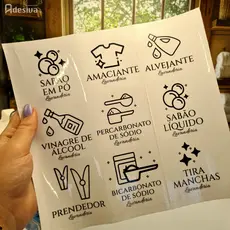 Adesivo Transparente para Lavanderia 7x7cm Sabão Líquido, Sabão em Pó, Amaciante e Tira Manchas